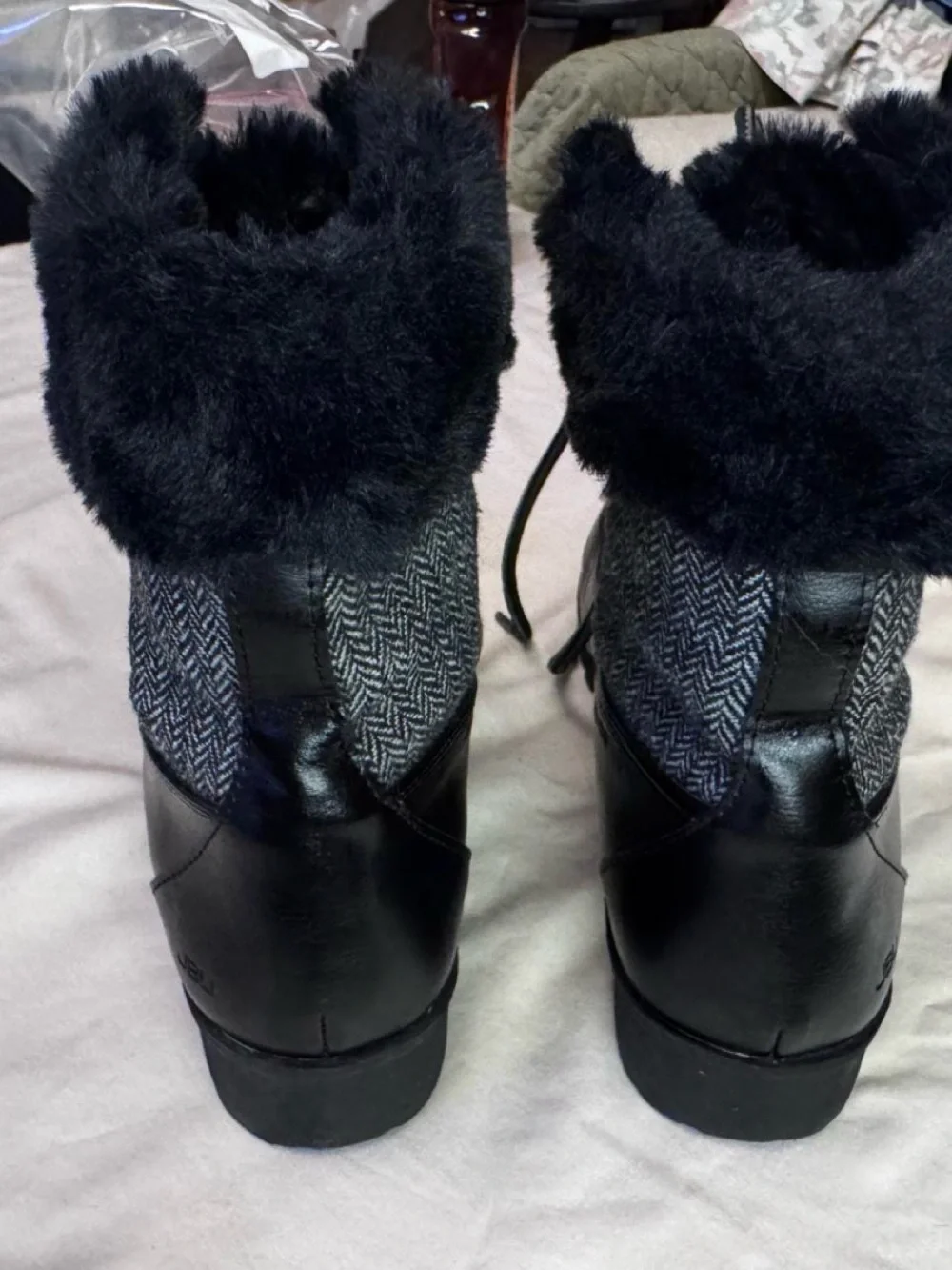 JBU Black & Gray Faux-Fur Herringbone Lace-Up Winter Boots